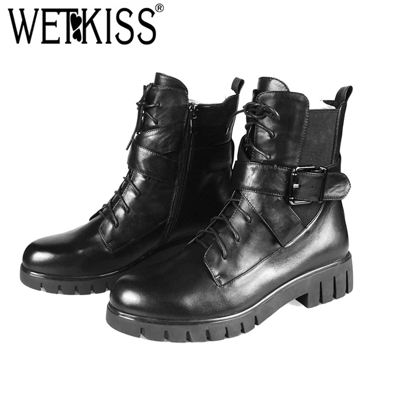 

WETKISS Motorcycle Woman Ankle Boots Round Toe Footwear Casual Wool Warm Female Boot Platform Leather Shoes Woman Winter 2018