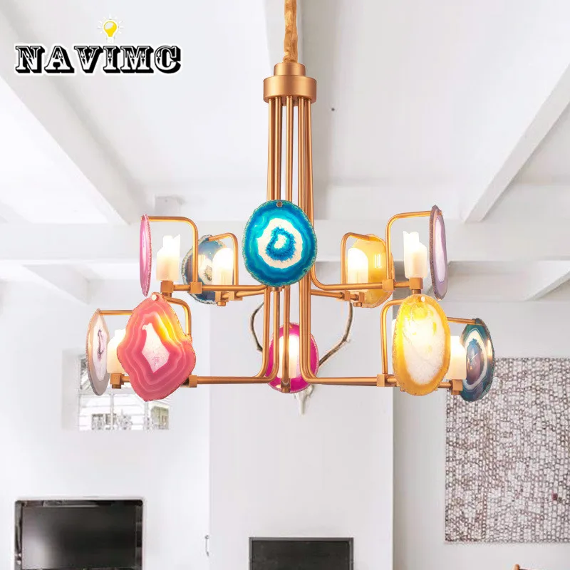 

Post Modern Led Colorful Agate Stone Chandelier Lighting for Living Room Bedroom Hotel Decoration Art Pendant Lamp