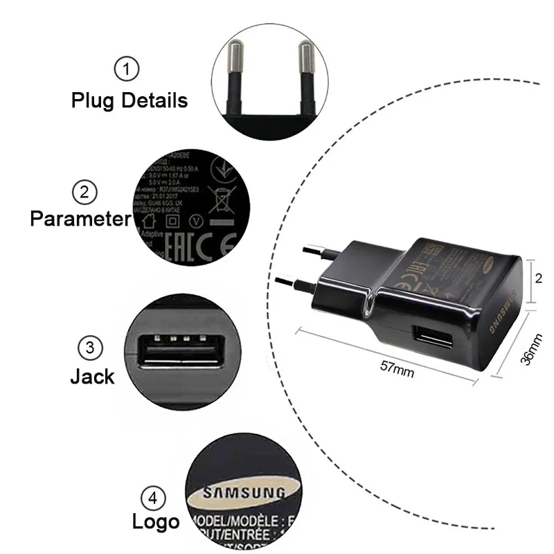 Оригинальное быстрое зарядное устройство samsung, Адаптивная быстрая зарядка, ЕС, США, Великобритания, штепсельная вилка, зарядка для путешествий, 9 В, 1,67 А и 5 В, 2 А, для Galaxy S8, S7, Note8