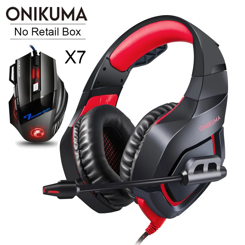 ONIKUMA PS4 гарнитура Casque PC Gamer бас Игровые наушники с микрофоном+ профессиональная проводная USB игровая мышь - Цвет: Red Headset-X7