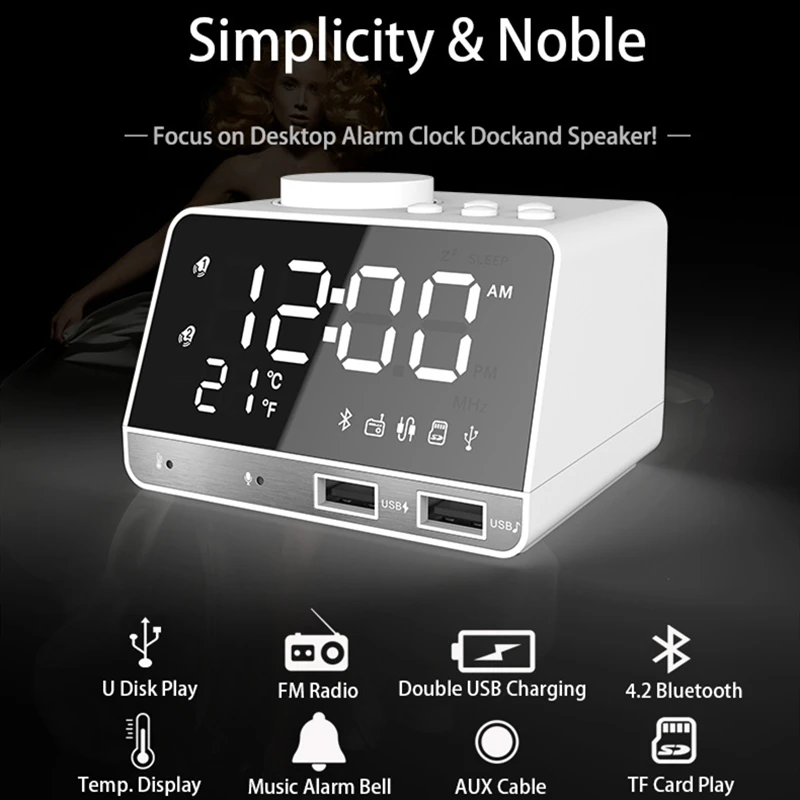 

Bluetooth 4.2 Radio Alarm Clock Speaker With 2 USB Ports LED Digital Alarm Clock Home Decration Snooze Table Clock