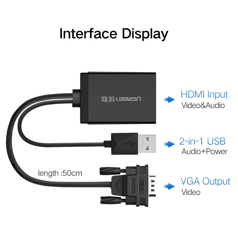 Кабель переходник Ugreen 1080P VGA HDMI для ПК ноутбука проектора HDTV|ugreen vga to hdmi|vga hdmi convertervga