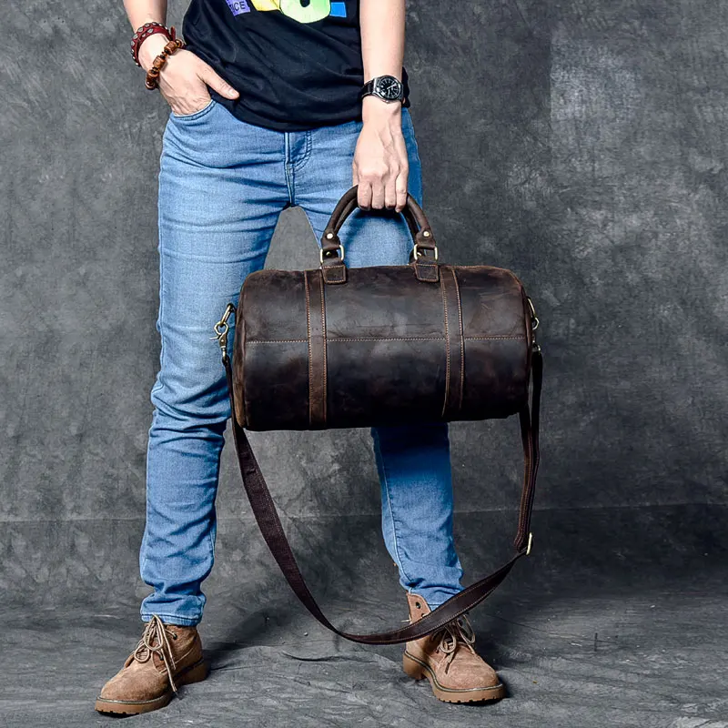 

Genuine Leather Waterproof Barrel Travel Bags Tote Crossbody Men's Real Leather Messenger Bag Women shoulder retro Leather bag
