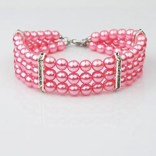 3 Layers Pink Venetian Pearl Pet Dog Jeweled Necklace Collar with Rhinestone Puppy Chihuahua Yorkie Cat Collars