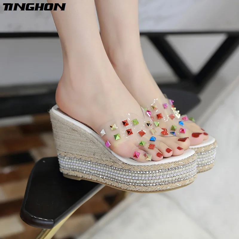 

TINGHON Summer Wedge Slippers Platform High Heels Women Rhinestone Outside Shoes Color Rivets Wedge Slipper Flip Flop Sandals