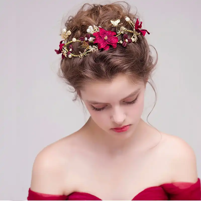 Handmade Red Flower Bridal Hairstyles Gold Leaves Butterfly