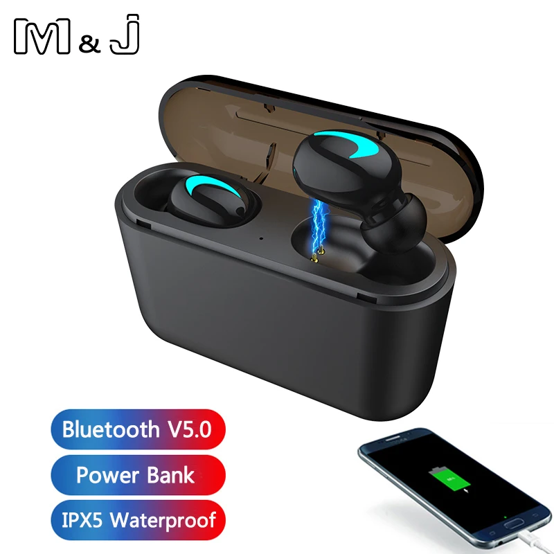 M J TWS Earphones Bluetooth 5 0 Headphone Mini Invisible 3D HiFi Stereo Wireless Sport Headset With Mic Power Bank Charging Box