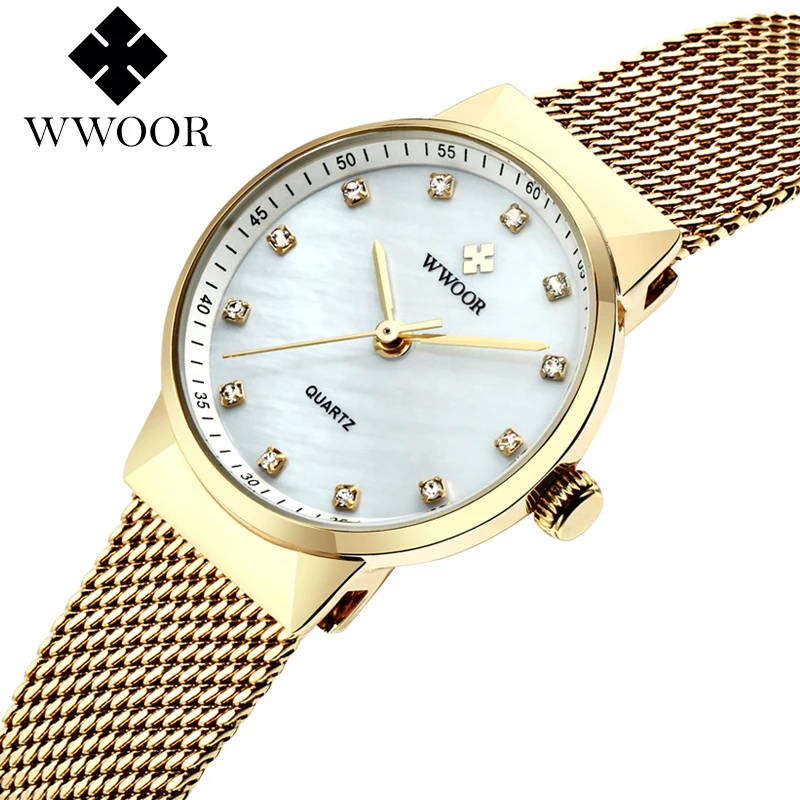 

Luxury WWOOR Watch Women Gold Silver Pink White Casual Quartz-Watch Mesh Belt Watch Inlaid Diamonds Fashion Clock Relojes Mujer