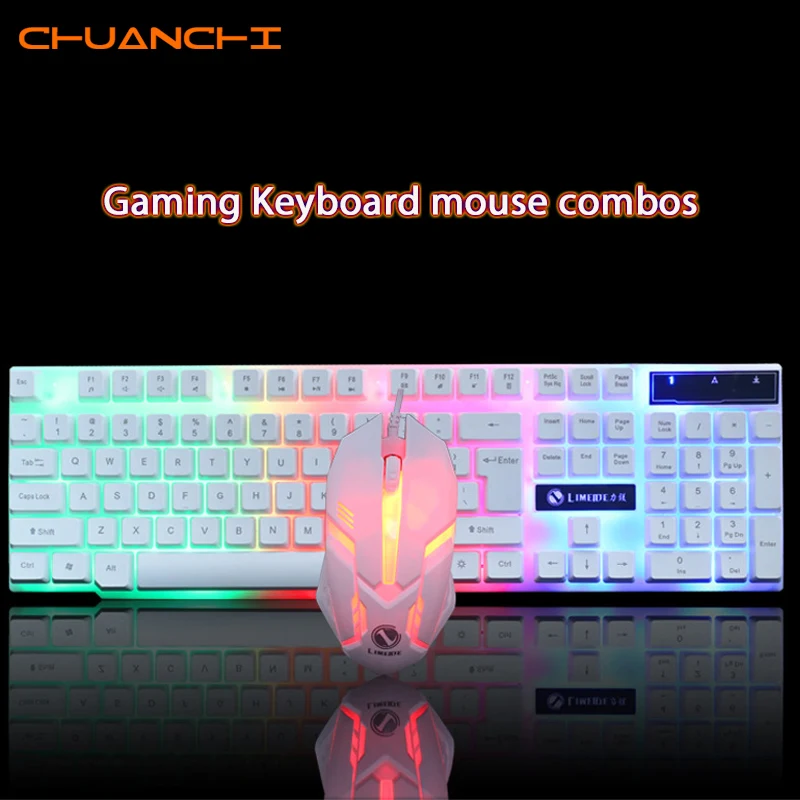 

CHUANCHI Russian/English wired LED light Keyboard and Optical Mouse Combo Black/white 104 Keys for Windows android IOS for gamer