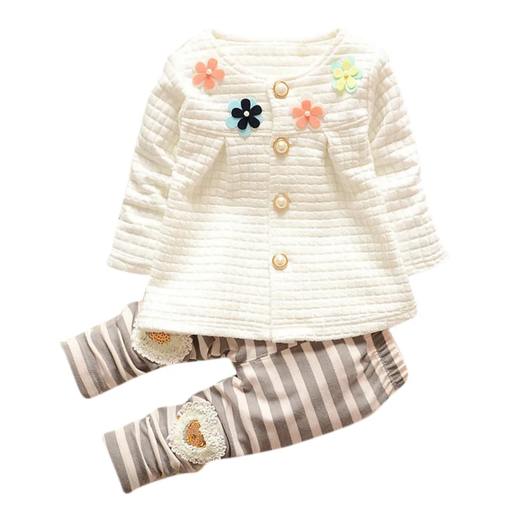 Модная одежда для маленьких девочек; теплый хлопковый кардиган с длинными рукавами и цветочным принтом+ длинные штаны; комплекты одежды; roupas infantis menina - Цвет: Белый