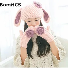 BomHCS милые Для женщин шапка и перчатки ручной вязки зима теплая Кепки перчатки подарок