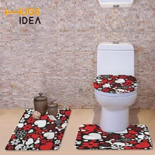 HUGSIDEA 3 uds Set no-slip de baño asiento Vintage dibujo de calaveras más cálido suave baño alfombra alfombras de baño accesorios