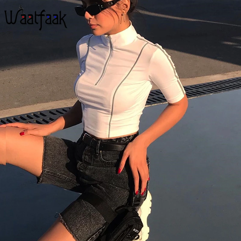 

Waatfaak Zipper Up Turtleneck Reflective Striped White T Shirt Women Casual Crop Top Tee Shirt Short Sleeve Harajuku Tshirt 2019
