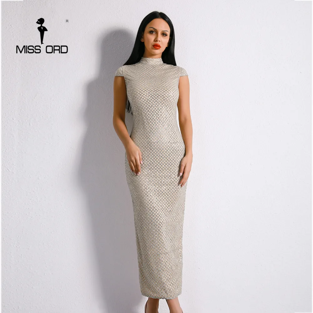 

Missord 2019 Sexy High Neck Short Sleeve Glitter Female Dress High Split Elegant Geometry Party Dress FT8937