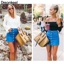 Новейшая популярная женская летняя джинсовая юбка с высокой талией облегающая Однотонная синяя повязка тонкая на кнопках Карандаш Короткие мини-юбки Y