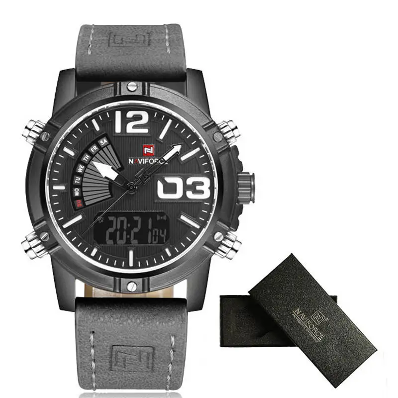 NAVIFORCE мужские часы лучший бренд роскошные кожаные часы Мужские Модные Военные Спортивные Наручные Часы Relogio Masculino часы с коробкой - Цвет: NF9095 gray white