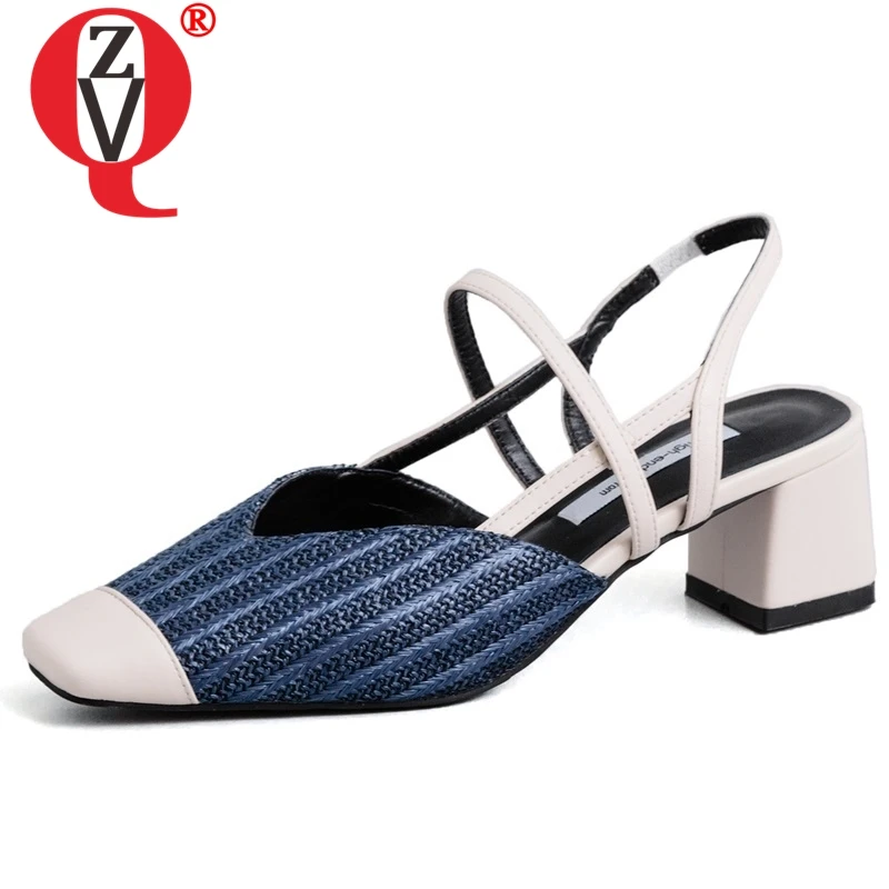 

ZVQ high quality brand Gingham sandals summer fashion girl sexy woman dress genuine leather 5 cm med square heels women shoes