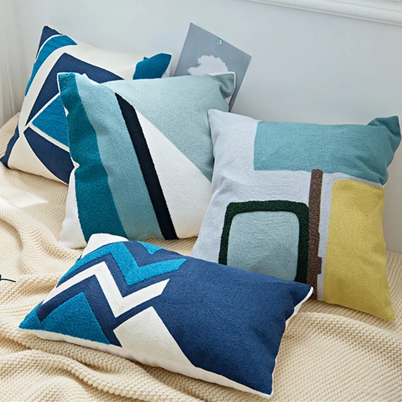 Home Decor Embroidery Geometric Pillow Cover Navy Blue Cotton Canvas