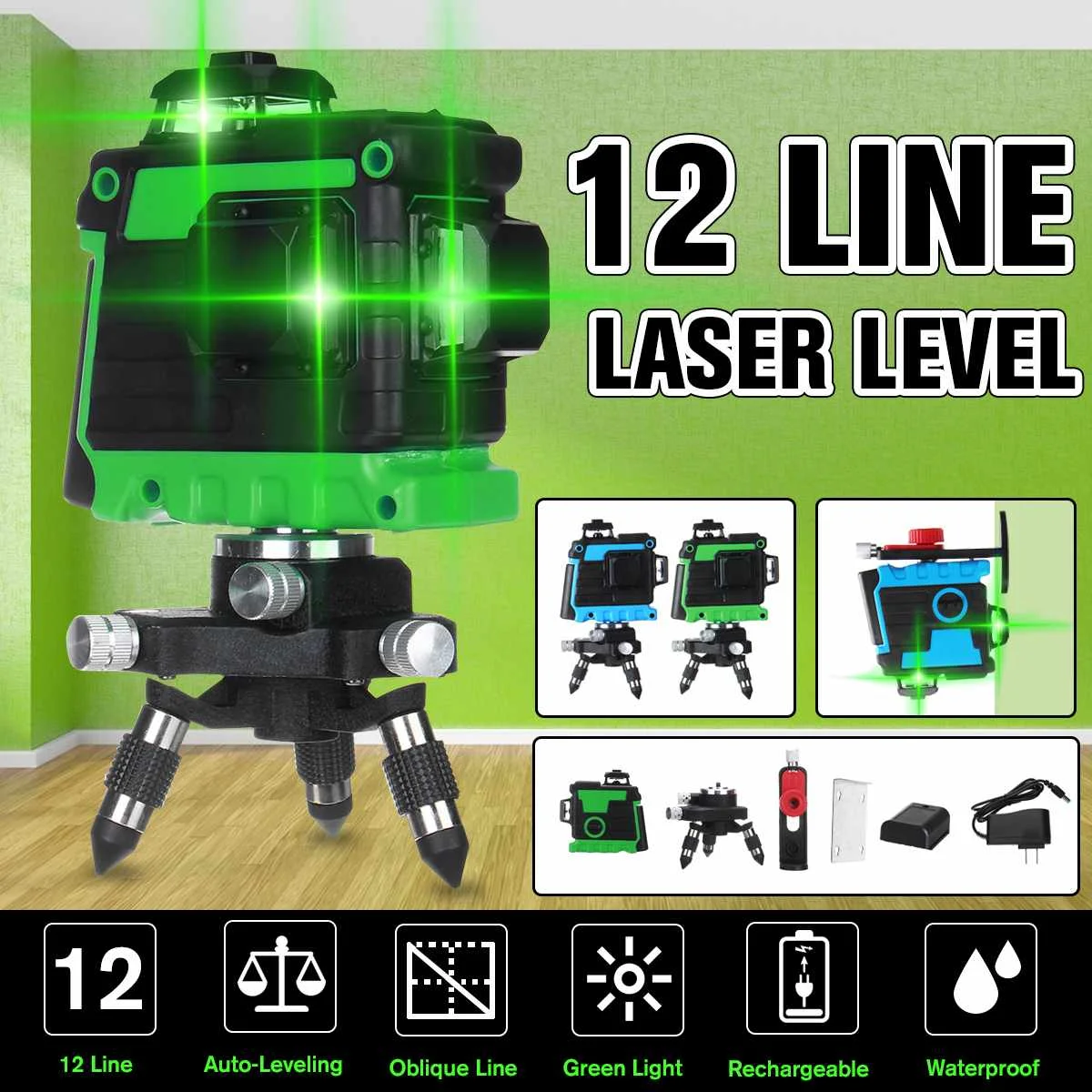 

12 Lines 3D Laser Level Self-Leveling 360 Horizontal And Vertical Cross Super Powerful Green Laser Beam Line+5800mAh battery