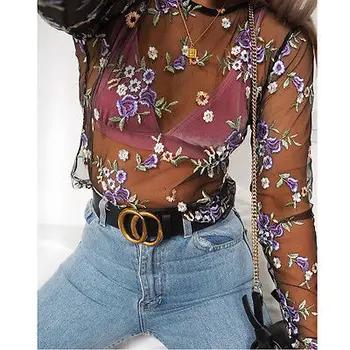 

Fashion Women's 2019 Summer Sexy Sheer Flower Long Sleeve Shirt Floral Embroidery See Through Tops