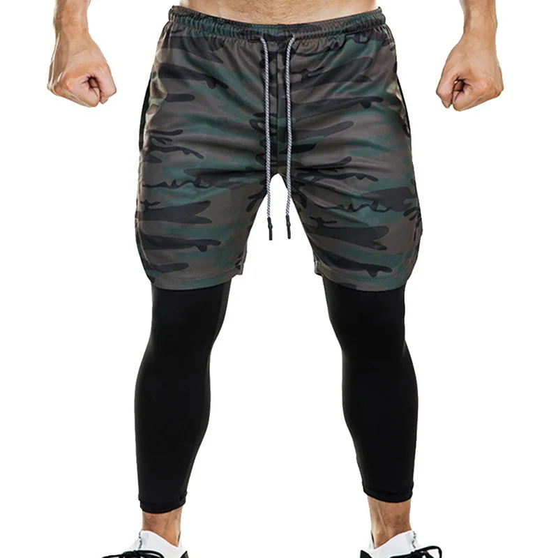 Ankle Length Camo 2 в 1, одноцветные спортивные штаны для бега, мужские камуфляжные брюки с завязками, быстросохнущие штаны для бодибилдинга, дышащие штаны для спортзала, Homme - Цвет: Ankle Length Camo