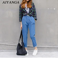 Новые весенние Синий, прямой женские джинсовые брюки Повседневное элистичные, средней, посадки джинсы Для женщин s ботильоны Длина, свободные детские штаны ковбойские штаны для мальчиков