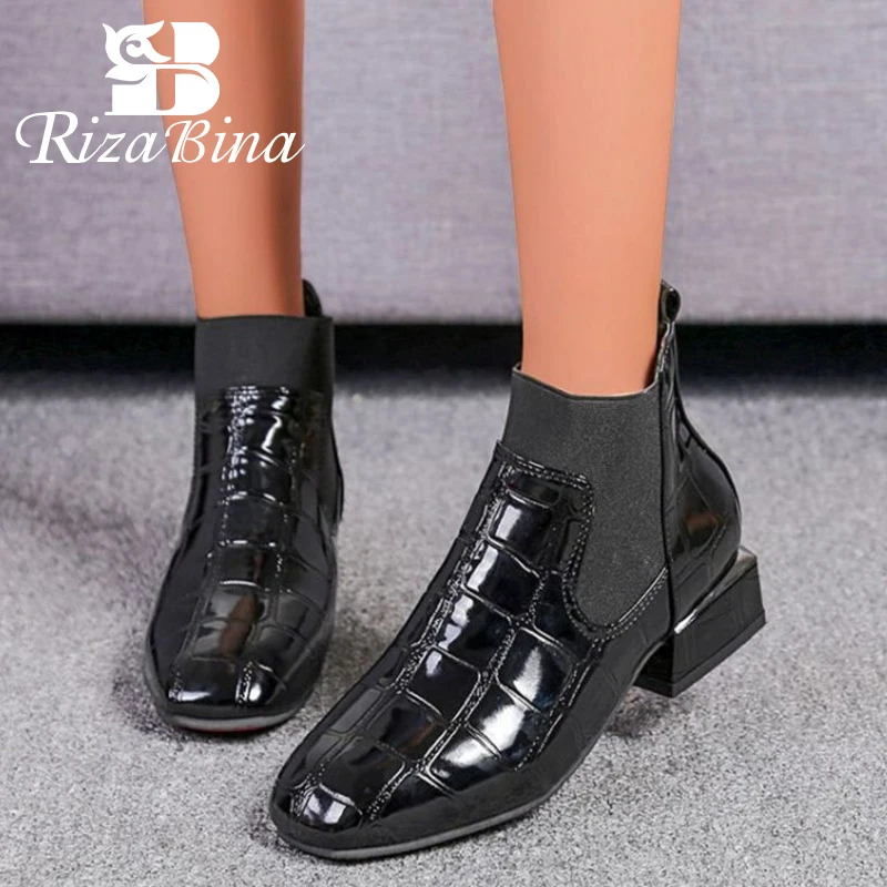 

RIZABINA Women Ankle Boots Shiny Pu Leather Spring Autumn Shoes Woman Spuare Toe Thick Heels Elastic Fashion Footwear Size 35-42