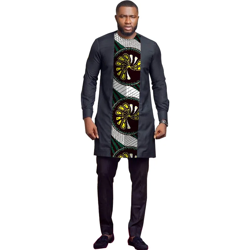Мода Африканский принт и черный Для мужчин Костюмы Для мужчин комплект со штанами и футболкой рубашки + брюки комплекты праздничный костюм
