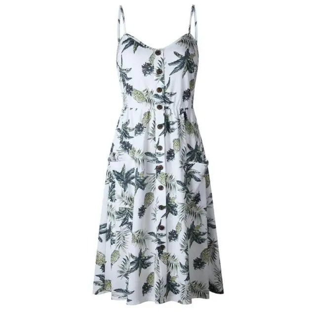 2018 Summer dresses Sexy pineapple Printing Buttons Women Spaghetti Strap Off Shoulder Sleeveless Dress Vestidos Princess Dress