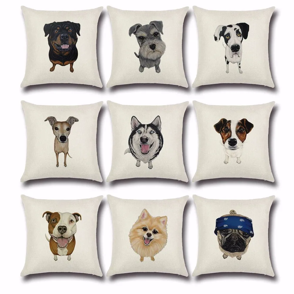 Funny Cute Dog Pillowcase Cotton Linen Black White Cartoon Dogs Square