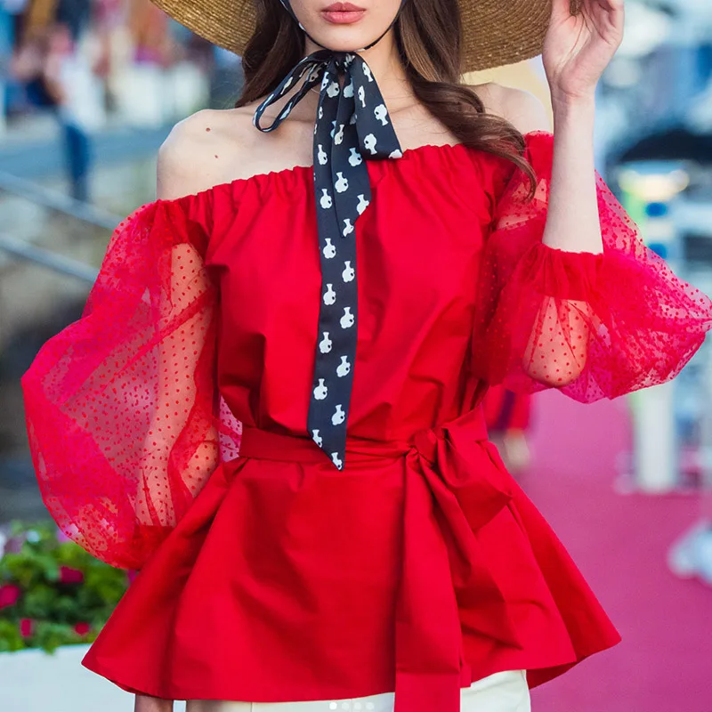 

2018 Fashion Puff Sleeve White Blouse Women Off Shouler Woman Shirt Elegant Patchwork Mesh Tops For Women