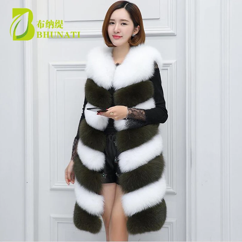 

BHUNATI Women New Faux Fur Vest Fashion Patchwork Stripe Long Coat Casual Imitation Fox Fur Jacket Female Large Size Vests Coats