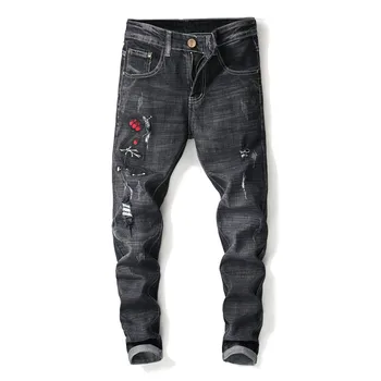 

Famous Brand Designer Slim Fit Ripped Black Jeans Men Hi-Street Mens Distressed Denim Joggers Knee Holes Floral Embroidery Jeans