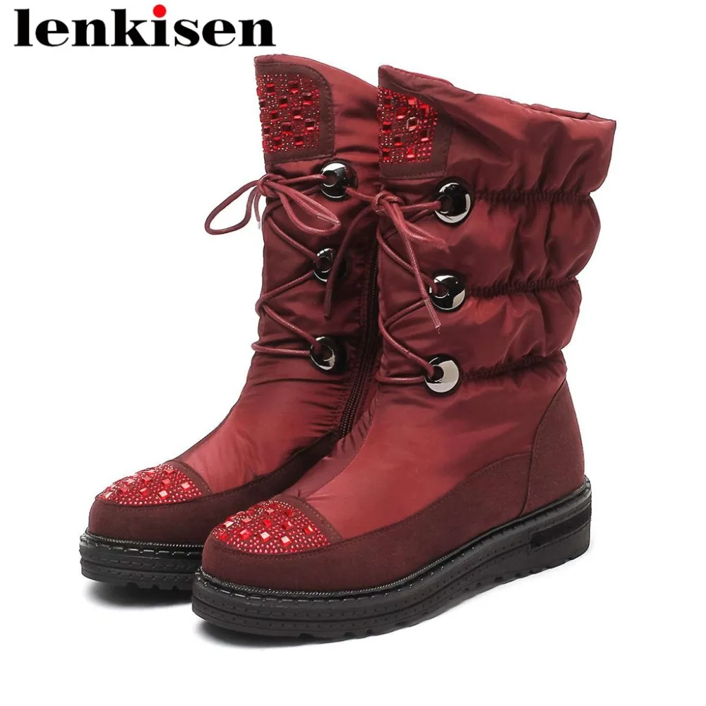 

2019 hot selling round toe med bottom zipper bowtie crystals decoraion cow suede mid-calf boots cold protection snow boots L01