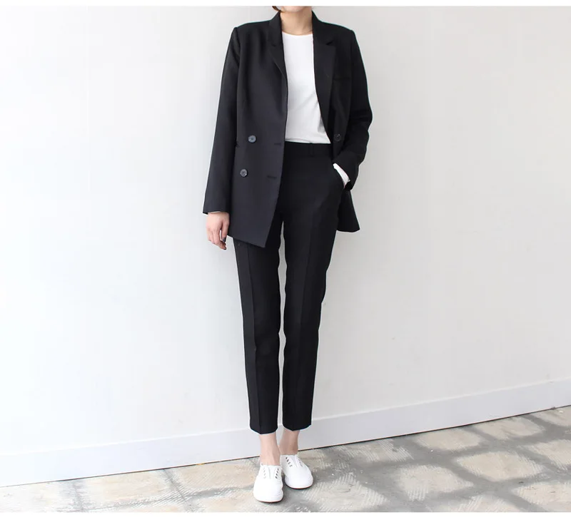 New Autumn Suit 2019 Double-row Button Bottom Pants Suit Notched Button Double Breasted Solid Long Black Jackets Coat Women New Autumn Suit 2019 Double-row Button Bottom Pants Suit Notched Button Double Breasted Solid Long Black Jackets Coat Women