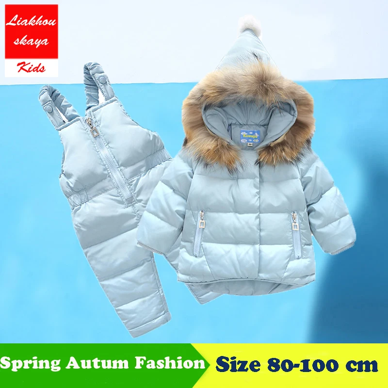 

Russia Winter Children Clothing Sets Snow Jackets Pant 2pcs Set Baby Girls Duck Down Coats Jacket Fur Hood Waterproof Outwear