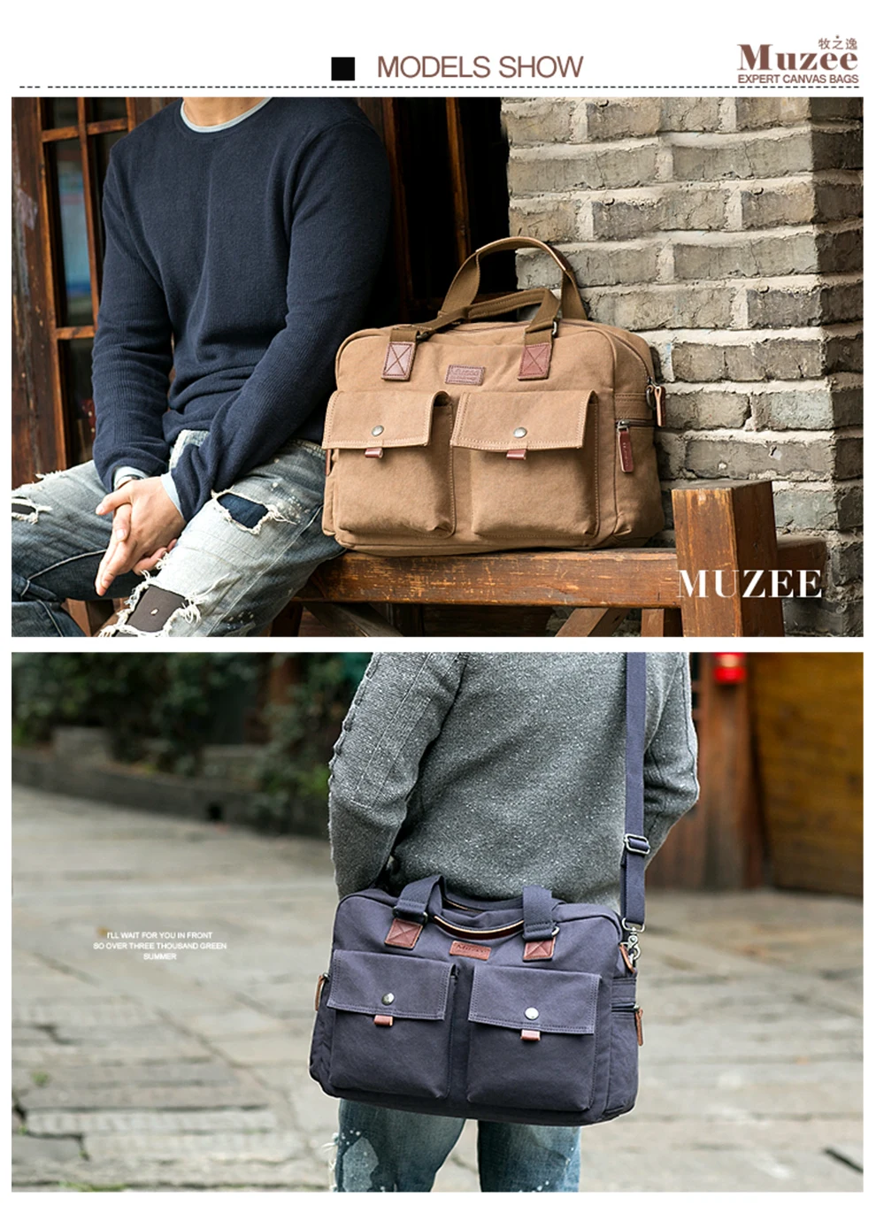 Muzee Большой Вместительный портфель сумка подходит для 15,6 дюймового ноутбука Сумка через плечо многофункциональная сумка через плечо Два цвета на выбор