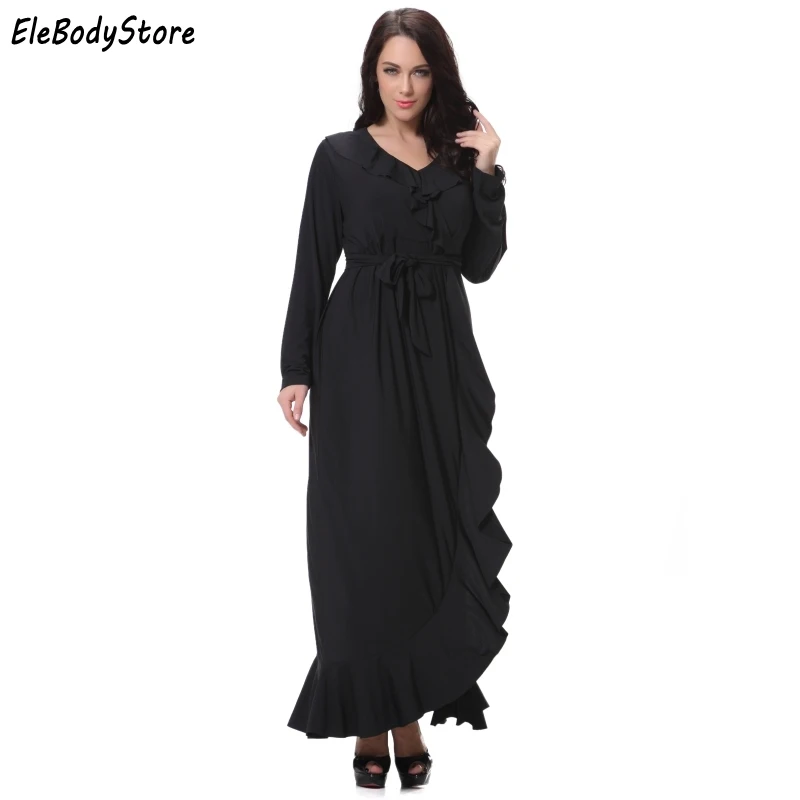 

Plus Size 5XL 6XL 7XL Women Casual Elegant Black V Neck Long Sleeve Maxi Summer Dress 2018 Woman Ruffles Muslim Dresses Clothing