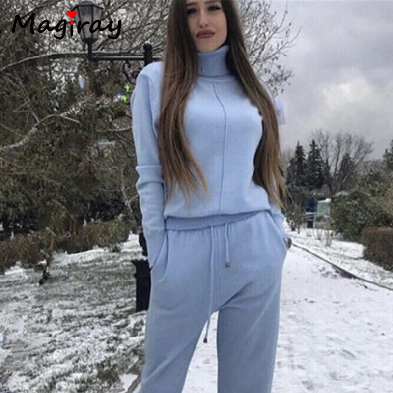 

Autumn Winter Knitted Sweater Two Piece Set Pant Women Tracksuit Female Sport Suit Casual Turtleneck Warm Cashmere Clothing C486