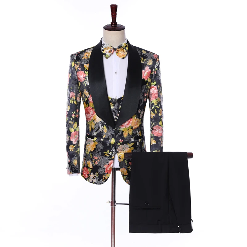 

Custom Made Embroidery Men's Suits 3 Pieces Wedding Dress Slim Fit Groom Terno Masculino Suit (Jacket+Pant+Vest+Bowtie)