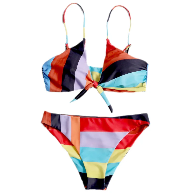 

Colorful Striped Bowknot Detail Top Tied Side Bottoms Bikinis Set Women Beach Swimsuit Neck Sling Swimwear