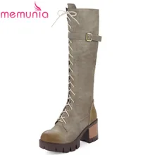 MEMUNIA/Большой размер 34-43, г. Новые Осенние теплые модные сапоги до колена на шнуровке женская обувь на платформе с круглым носком на высоком каблуке