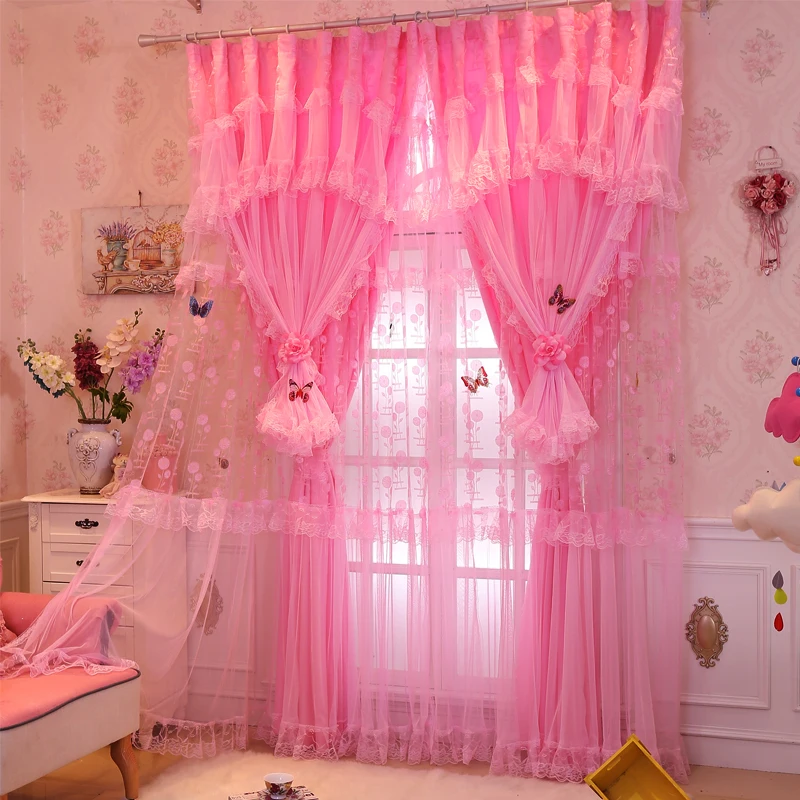 

Romantic Pink Purple Lace Curtains for Living Room Princess Kids Bedroom Window 50% Blackout Curtain for Wedding Decor Tulle 2pc