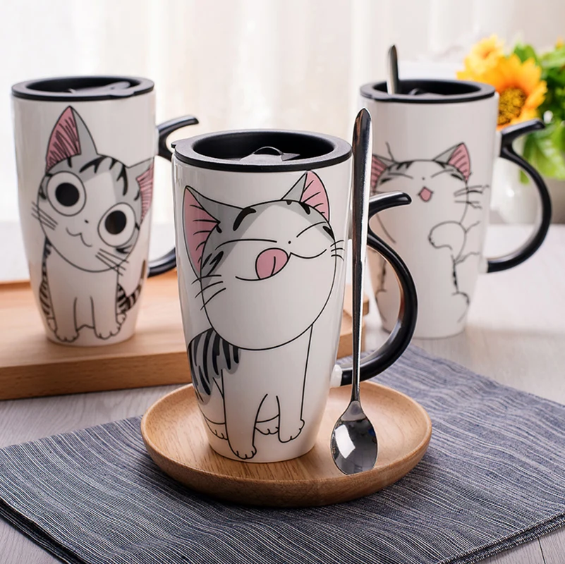 

600ml Cute Cat Style Ceramic Mugs with Lid & Spoon Cartoon Creative Moring Mug Milk Coffee Tea Unique Porcelain Cups nice gift