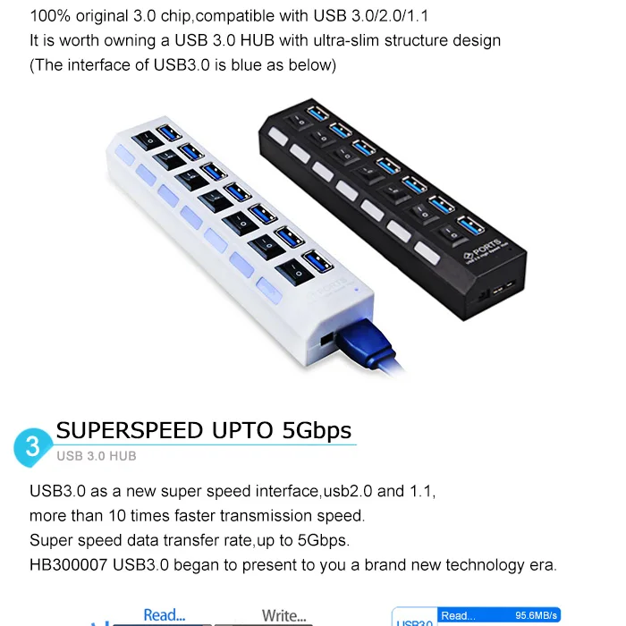 Usb-хаб 3,0 Micro USB 3,0 концентратор разветвитель с адаптером питания USB Hab 5 Гбит/с 7 портов расширитель несколько usb-хаб с переключателем для ПК