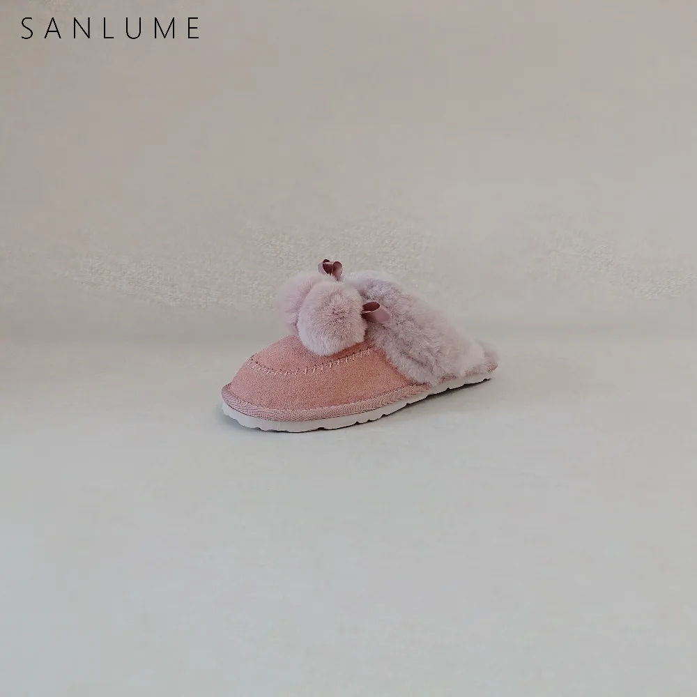 

SANLUME Pink Winter Flat Shoes Women Indoor Ladies Home Slippers Genuine Leather Keep Warm Wool Cow Suede Comfortable Slip On