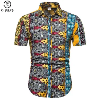 

Fashion Summer 2019 Casual Men Shirt Slim Fit Flower Print Linen Shirt Short-sleeved Shirts Male Floral Social Masculina M-5XL