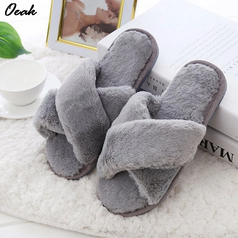 

Oeak Winter Cotton Slippers Women Female Cross Non-Slip Chaussures Femme Floor Soft Plush Indoor Furry Slipper Woman Shoes