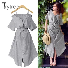 Trytree летнее осеннее платье женское повседневное Полосатое платье с v-образным вырезом и вырезом лодочкой платье-рубашка с эластичной талией однобортное платье трапециевидной формы