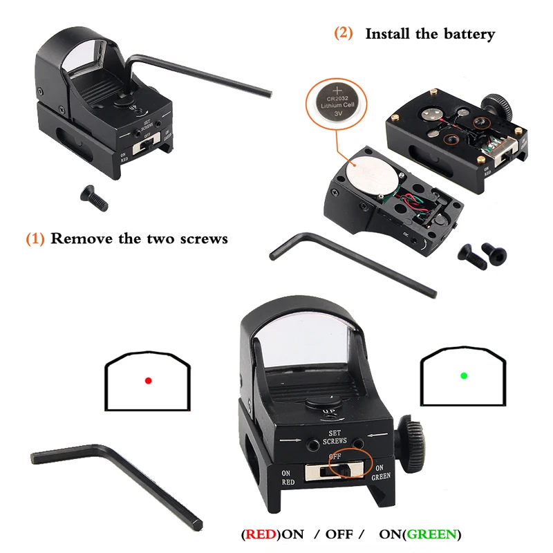 Мини-Красный Зеленый точечный прицел рефлекторный прицел с выключателем ВКЛ/ВЫКЛ для тактической страйкбола стрельбы охоты 5-0006